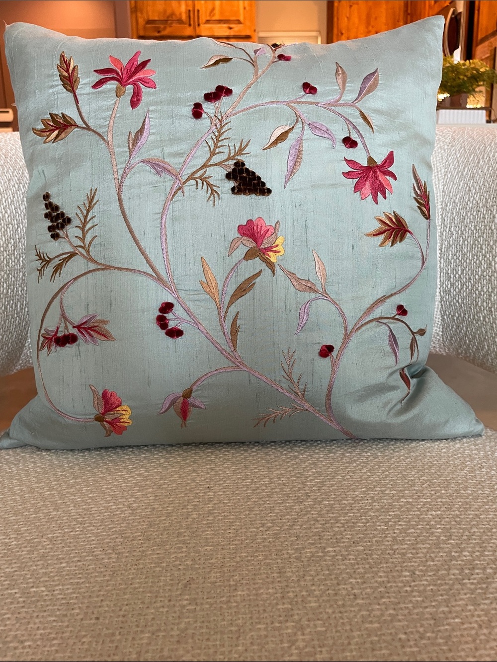 Luxury Silk Embroidered Floral Botanical Throw Pillow Accent Cushion Chinoisere